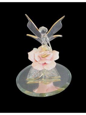 Glass Baron Fairy Faerie Figurine With Glitter Pink Rose w/ Gold Accents 2" tall